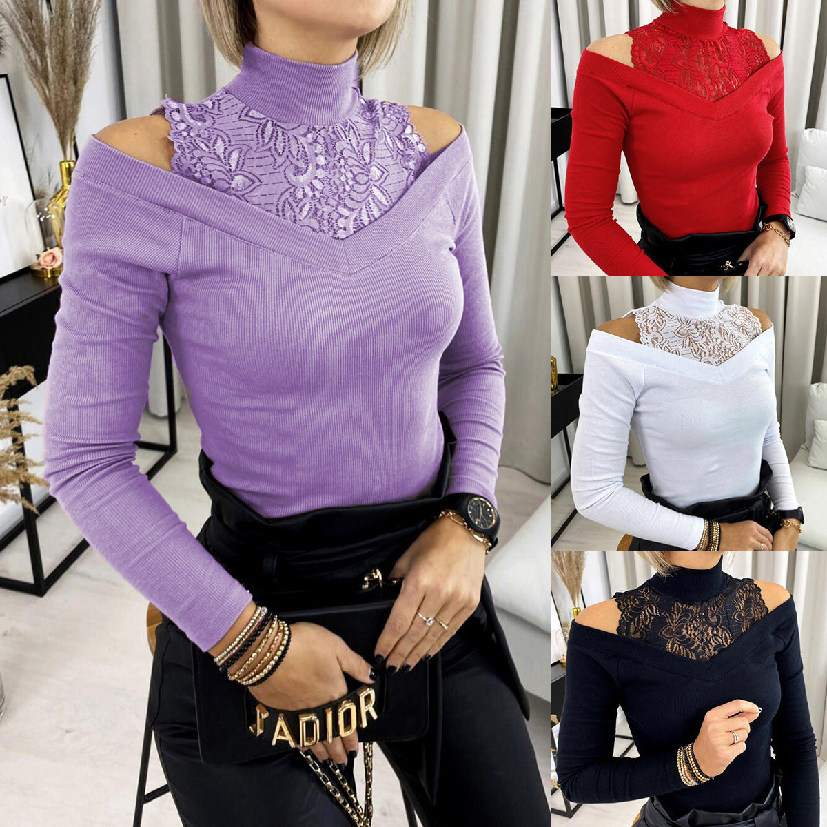 Modisches Spitzen-Oberteil – Schulterfreies Langarmshirt mit eleganter Spitze